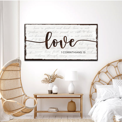 Canvas 1 Corinthians 13 Love Sign by Tailored Canvases with brown script on white wood planks on Tampa Home & Garden Store