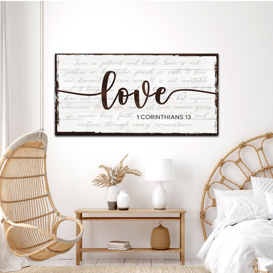 Canvas 1 Corinthians 13 Love Sign by Tailored Canvases with brown script on white wood planks on Tampa Home & Garden Store