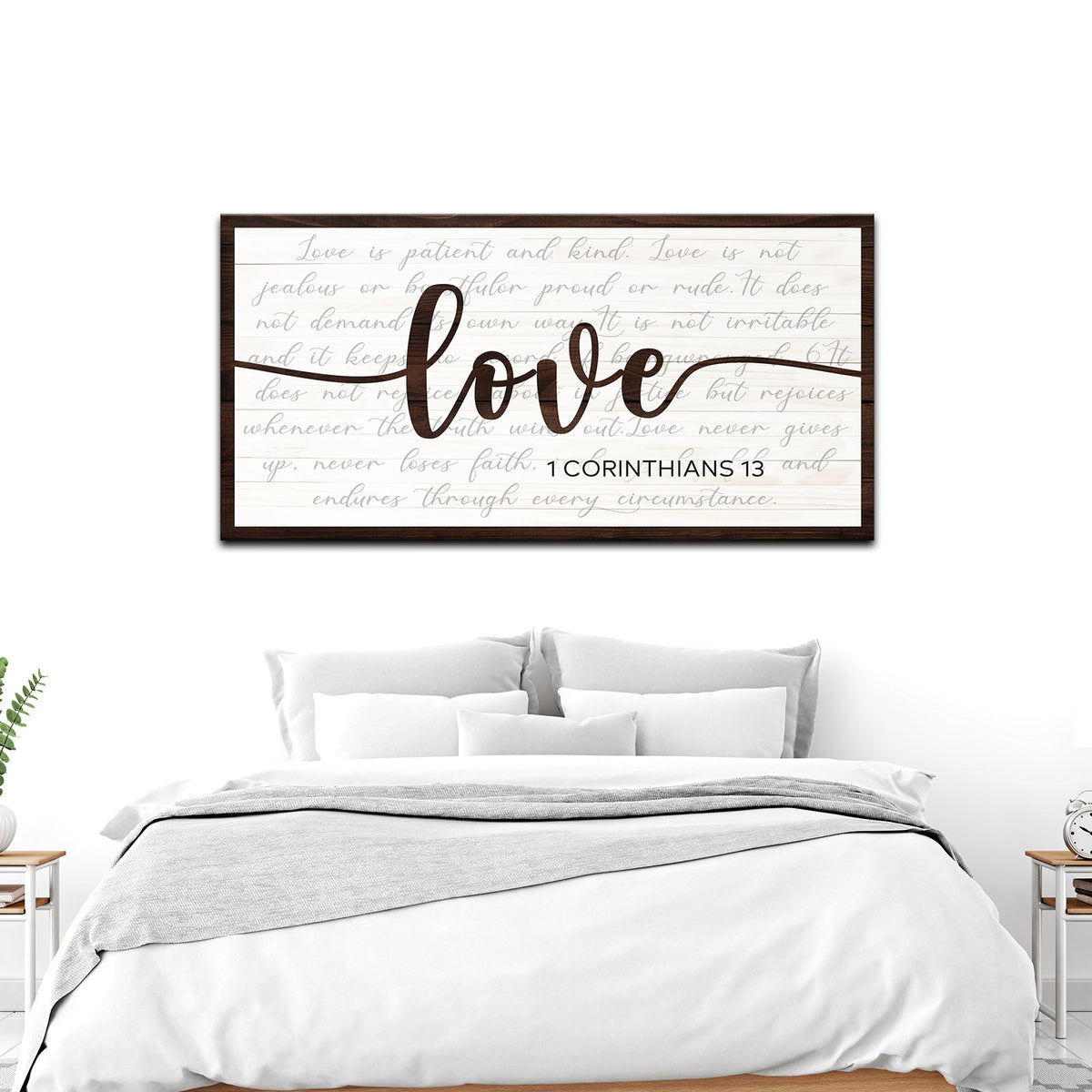Love Sign canvas wall art with dark wood frame and backdrop on Tampa Home & Garden on Tampa Home & Garden Store