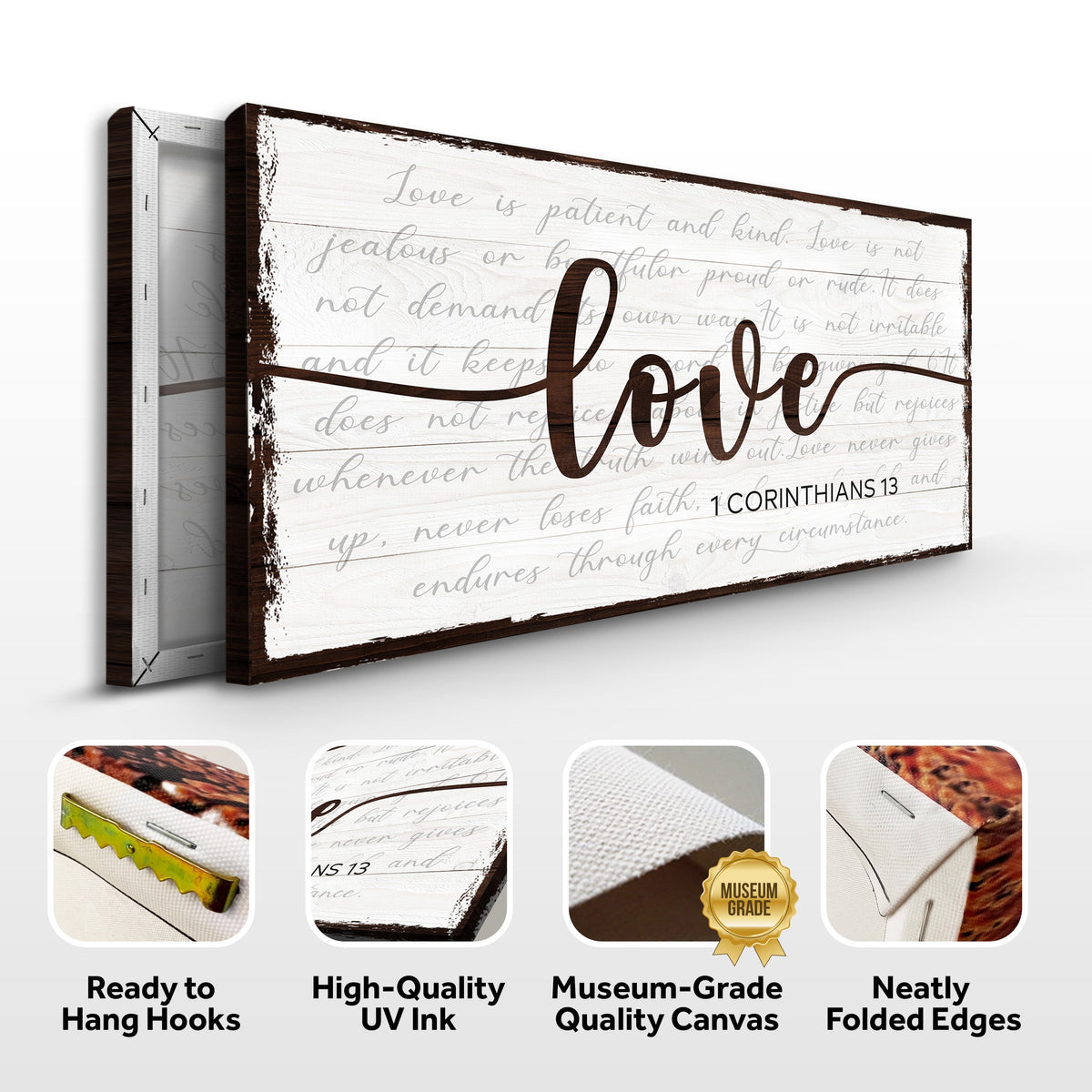 Canvas Love Sign with 1 Corinthians 13 script on whitewashed wood by Tailored Canvases on Tampa Home & Garden Store
