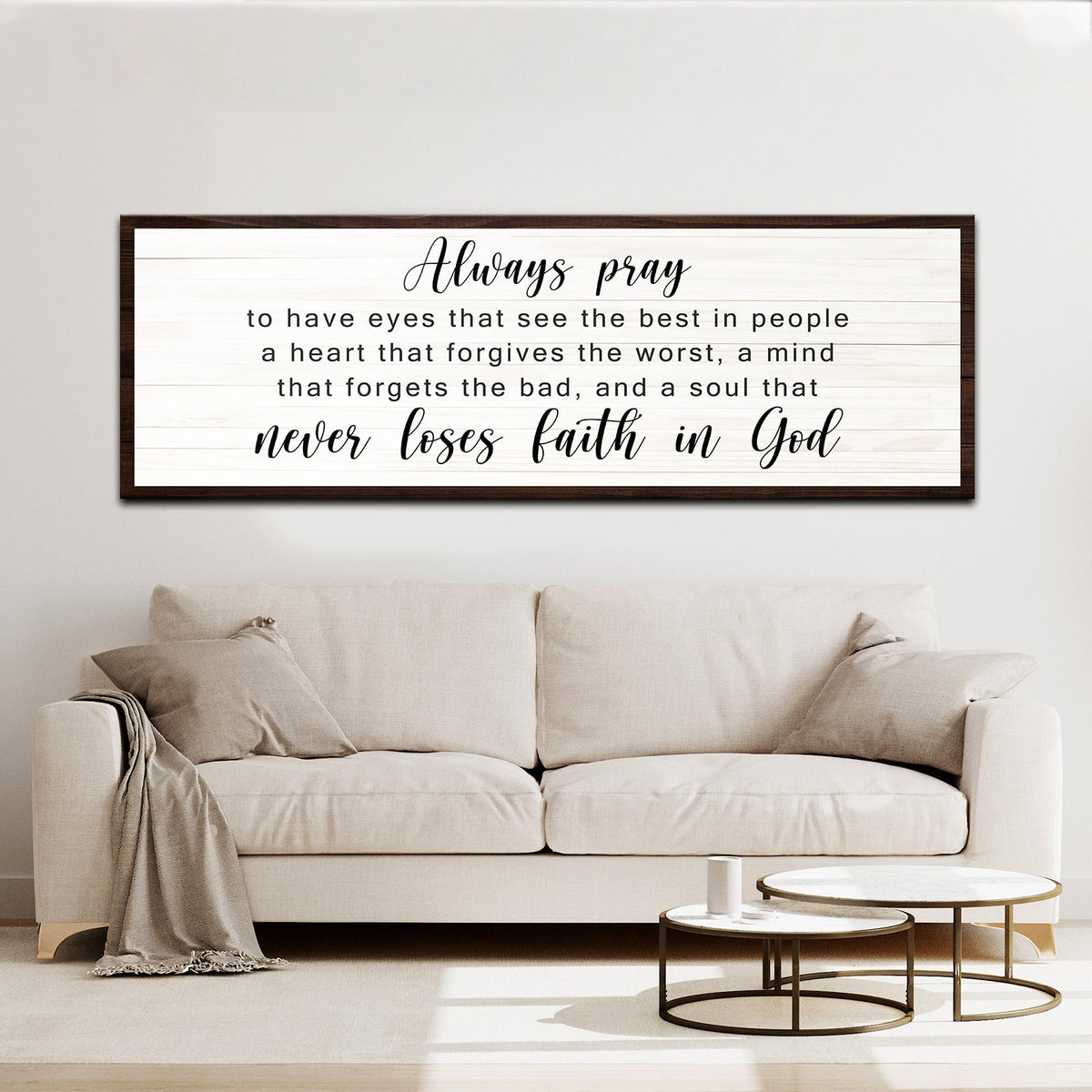 Never Lose Faith In God Sign canvas wall art with whitewashed planks and dark brown frame on Tampa Home & Garden Store