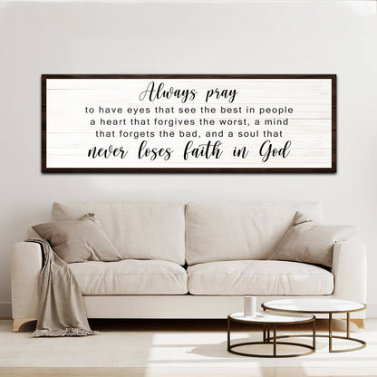 Never Lose Faith In God Sign canvas wall art with whitewashed planks and dark brown frame on Tampa Home & Garden Store