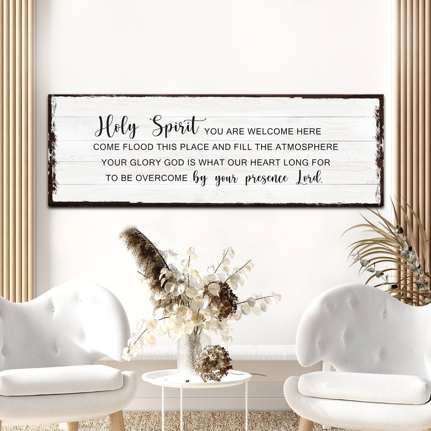 Holy Spirit rustic sign canvas wall art whitewashed wood with brown edges by Tailored Canvases on Tampa Home & Garden Store