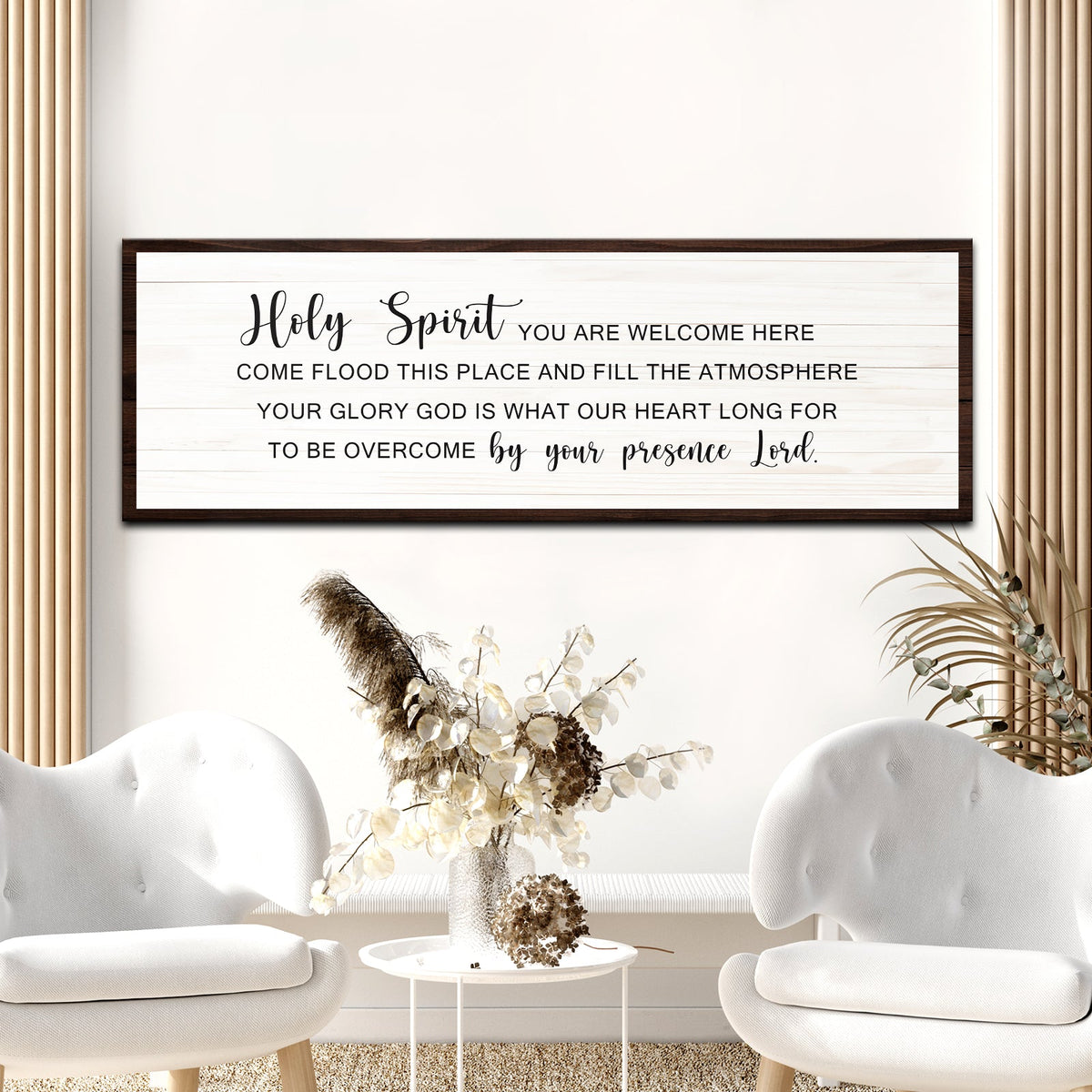 Holy Spirit Rustic Sign canvas wall art whitewashed planks dark frame Tailored Canvases on Tampa Home & Garden Store