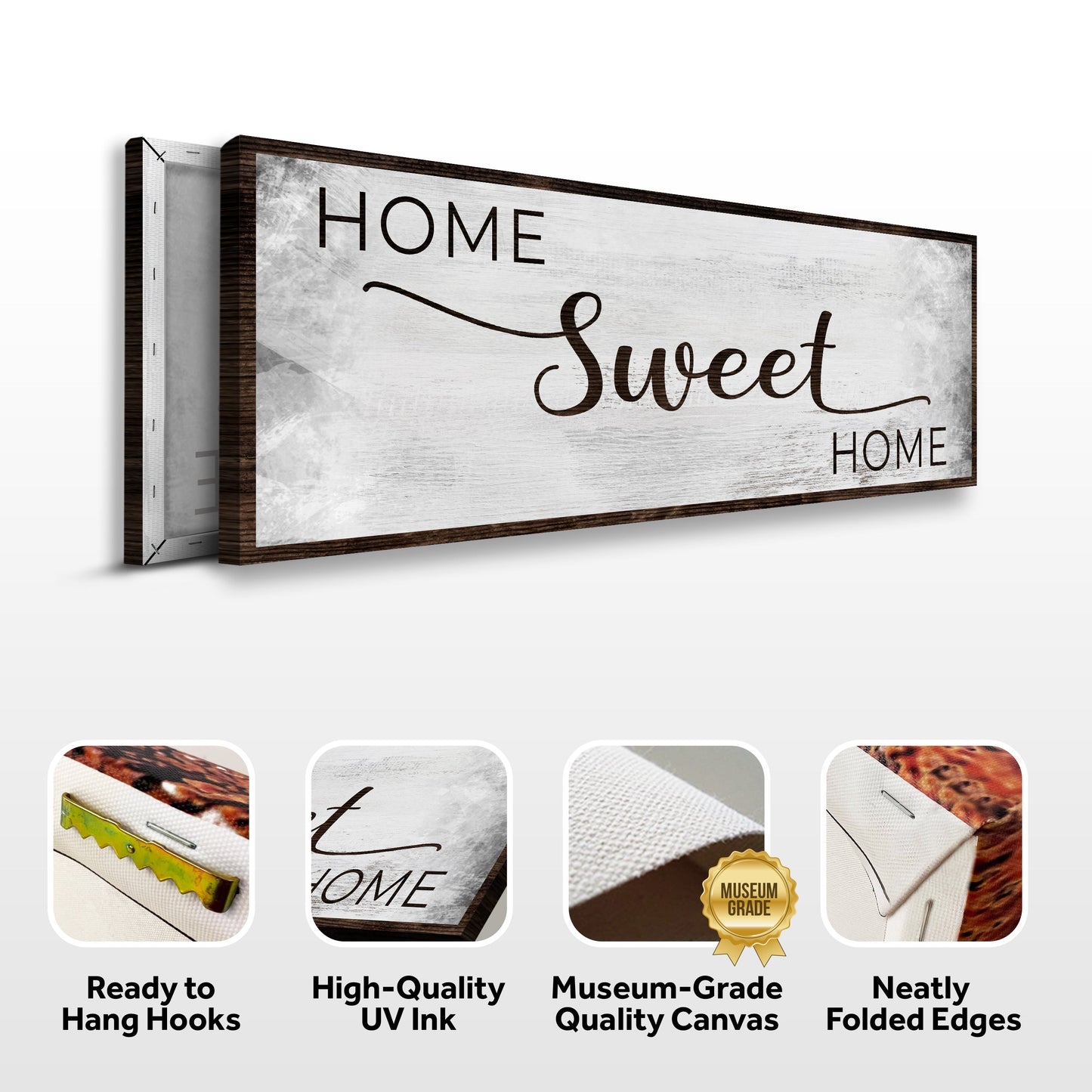 Home Sweet Home grunge sign canvas with whitewashed panel and dark wood frame Tailored Canvases on Tampa Home & Garden Store