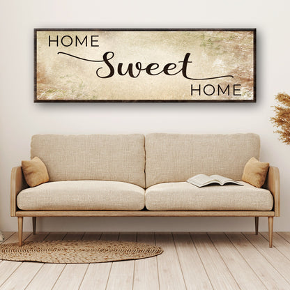 Home Sweet Home grunge canvas sign with rustic beige background and dark wood frame on Tampa Home & Garden Store