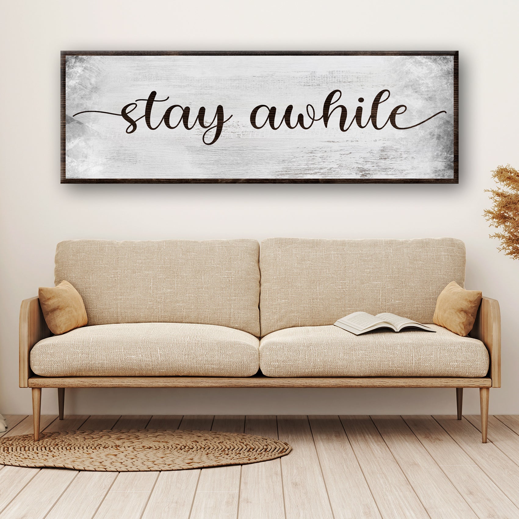 Stay Awhile Sign III canvas wall art by Tailored Canvases; panel with dark wood frame on Tampa Home & Garden Store