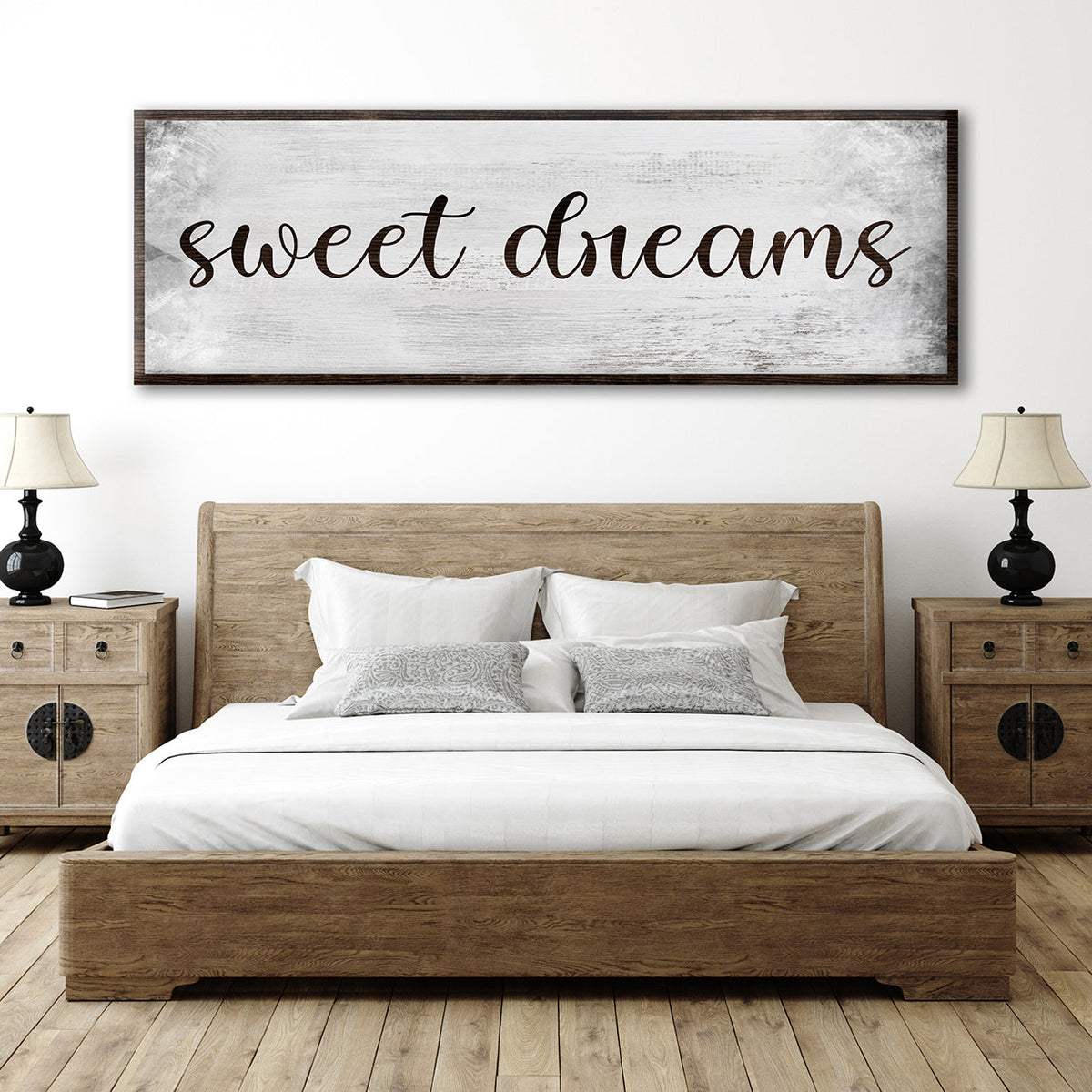 Sweet Dreams Grunge Sign canvas by Tailored Canvases, whitewashed backdrop with dark wood frame on Tampa Home & Garden Store