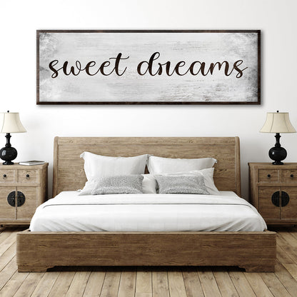 Sweet Dreams Grunge Sign canvas by Tailored Canvases, whitewashed backdrop with dark wood frame on Tampa Home & Garden Store