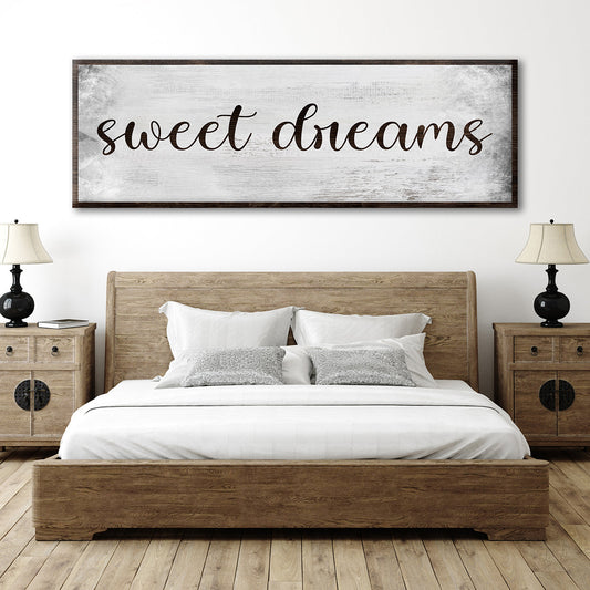 Sweet Dreams Grunge Sign canvas by Tailored Canvases, whitewashed backdrop with dark wood frame on Tampa Home & Garden Store