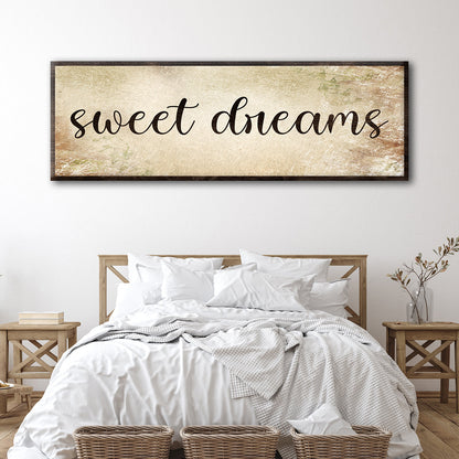Sweet Dreams Grunge Sign canvas with beige backdrop, black script, wood frame Tailored on Tampa Home & Garden Store