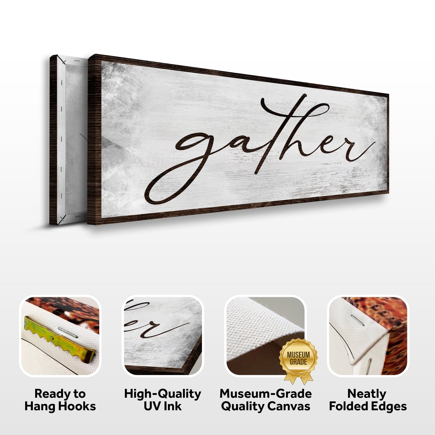 Gather Grunge Sign canvas art by Tailored Canvases with dark wood frame on Tampa Home & Garden Store