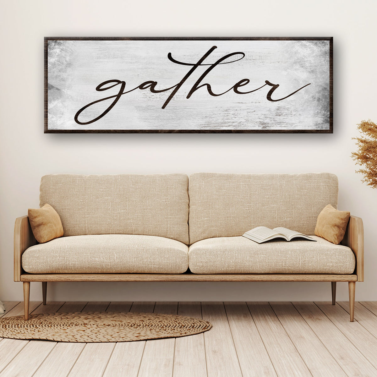 Gather Grunge Sign canvas with distressed white wood backdrop and dark frame on Tampa Home & Garden Store