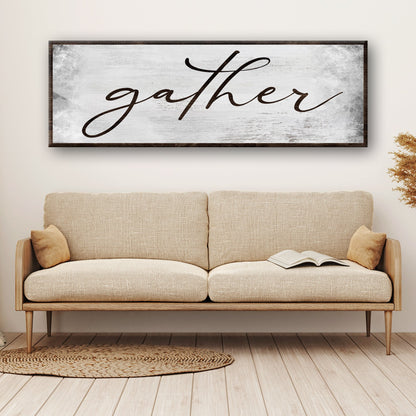 Gather Grunge Sign canvas with distressed white wood backdrop and dark frame on Tampa Home & Garden Store