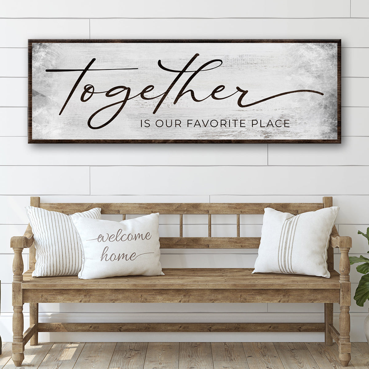 Together Is Our Favorite Place Sign canvas by Tailored Canvases, rustic dark wood frame on Tampa Home & Garden Store