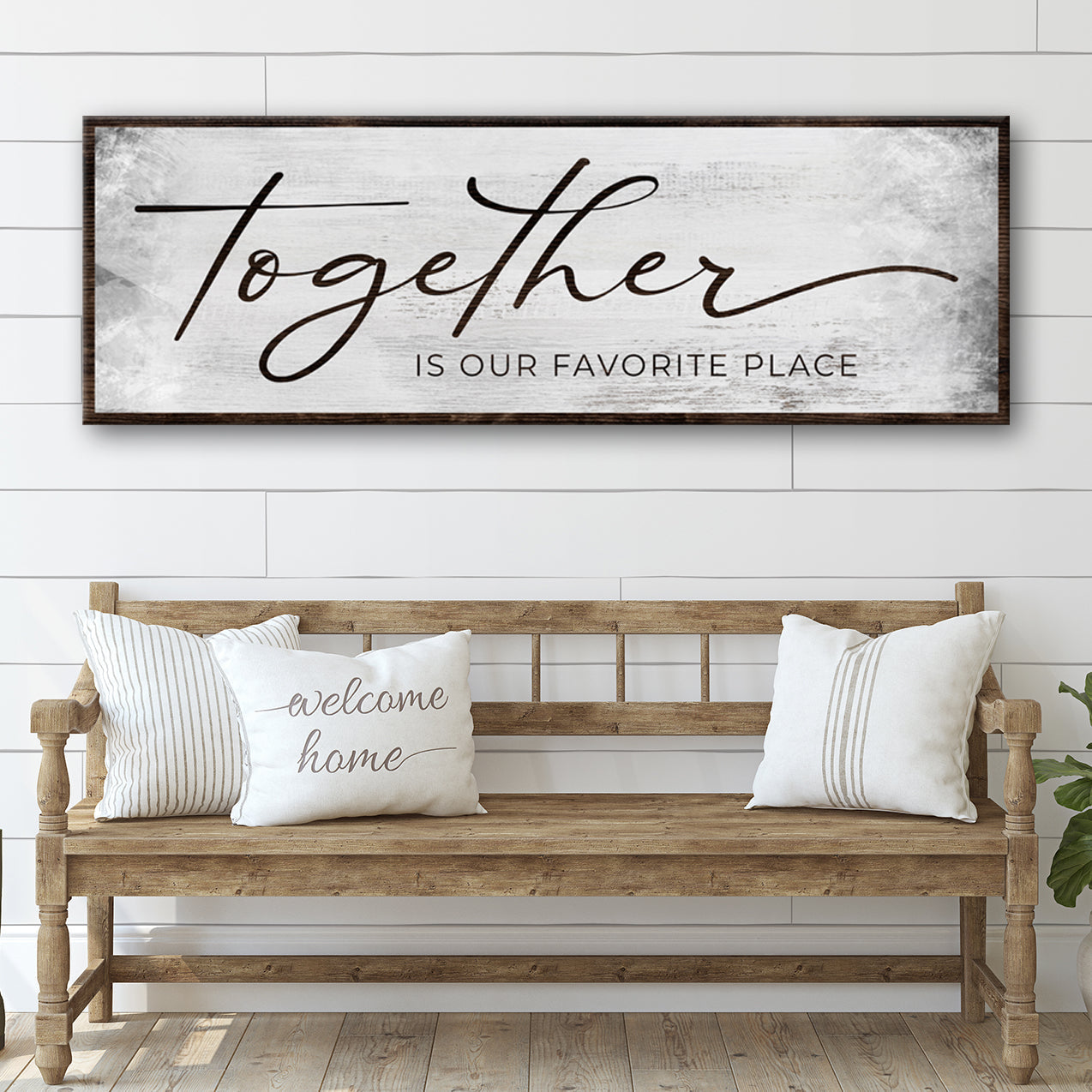 Together Is Our Favorite Place Sign canvas by Tailored Canvases, rustic dark wood frame on Tampa Home & Garden Store