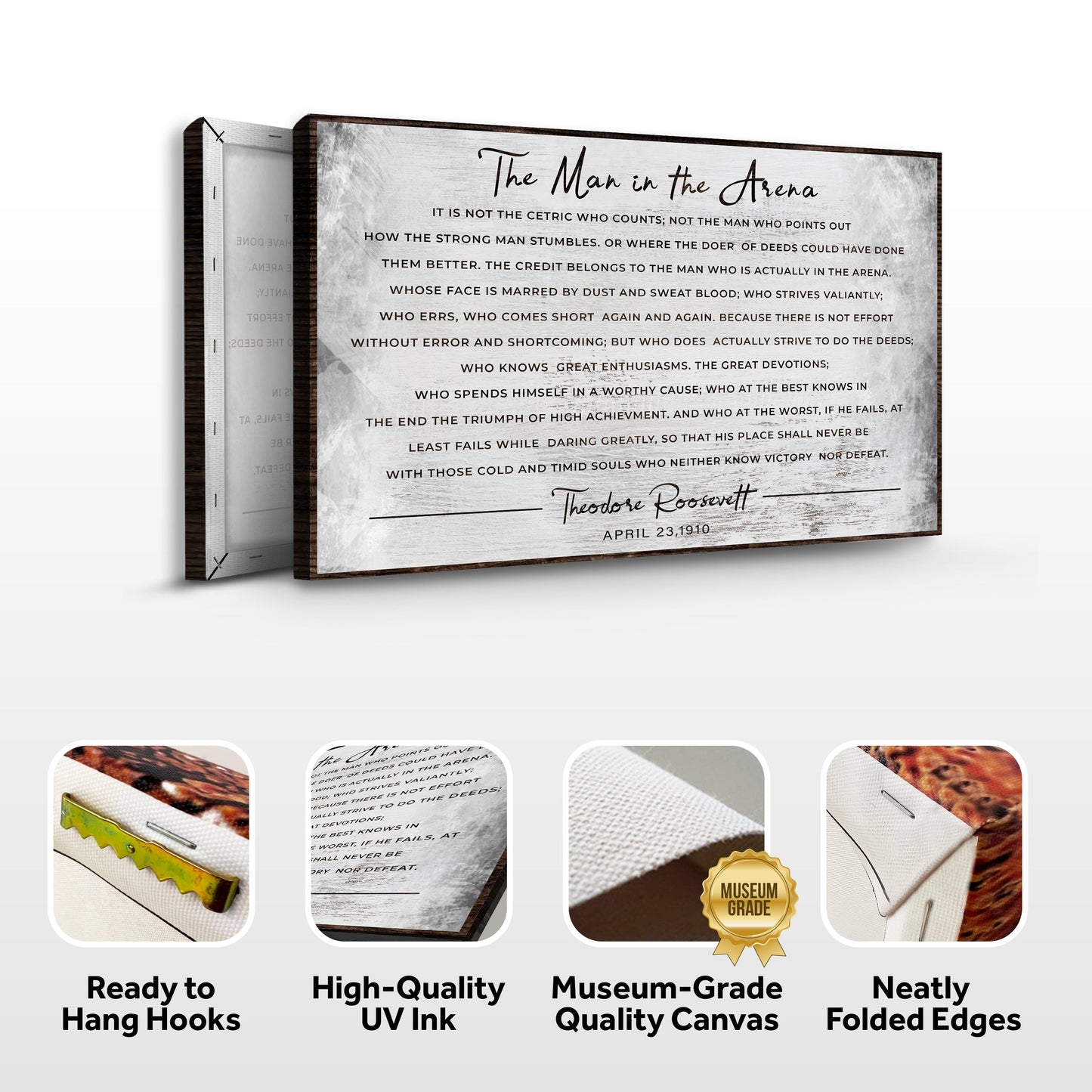 The Man In The Arena Grunge Sign canvas; weathered panel with dark wood frame on Tampa Home & Garden Store