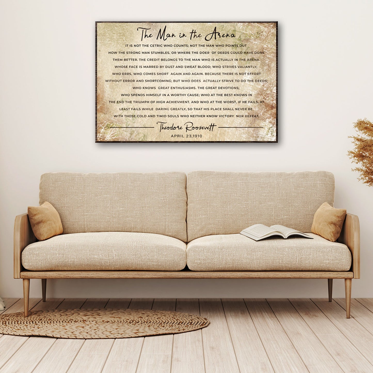 Canvas The Man in the Arena Grunge Sign by Tailored Canvases, rustic beige background above sofa on Tampa Home & Garden Store