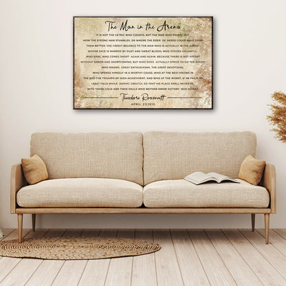 Canvas The Man in the Arena Grunge Sign by Tailored Canvases, rustic beige background above sofa on Tampa Home & Garden Store