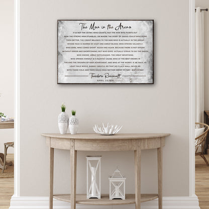 The Man In The Arena Grunge Sign canvas Tailored Canvases with distressed monochrome text on Tampa Home & Garden Store