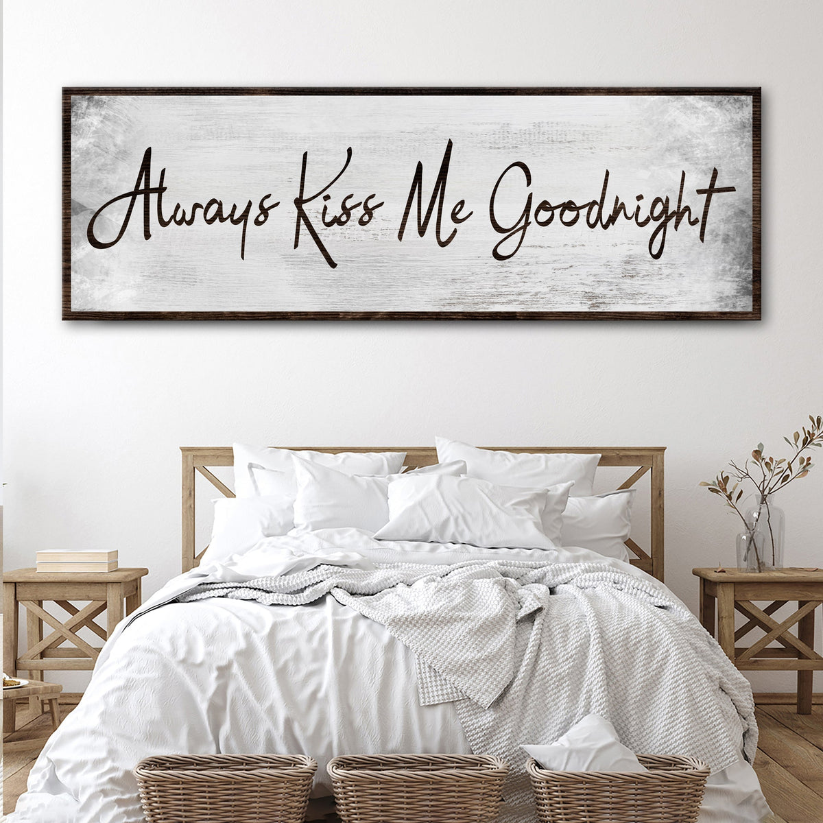 Always Kiss Me Goodnight IV canvas sign with weathered whitewash background and dark script on Tampa Home & Garden Store