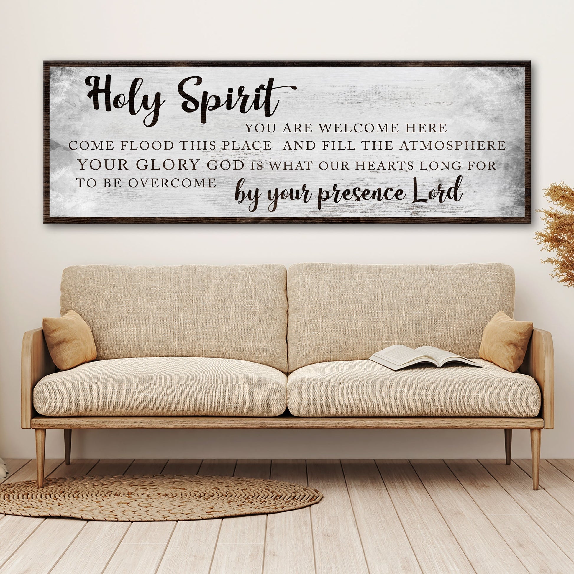 Canvas sign Holy Spirit You Are Welcome Here on distressed white panel with brown frame on Tampa Home & Garden Store