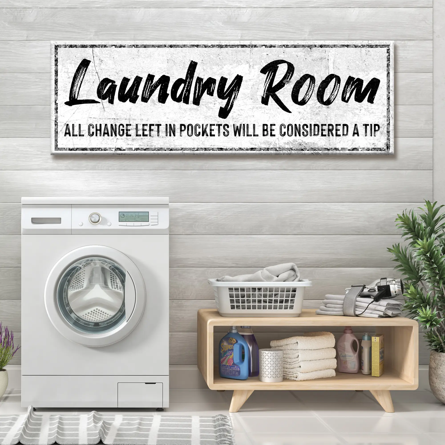 Laundry Room Sign II canvas by Tailored Canvases, distressed gray sign with Laundry Room script on Tampa Home & Garden Store
