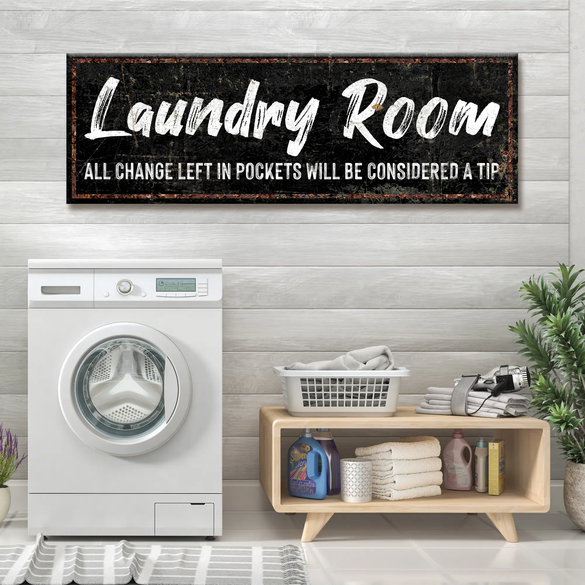 Canvas Laundry Room Sign II black distressed background with bold white script and copper frame on Tampa Home & Garden Store
