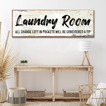 Laundry Room Sign II canvas by Tailored Canvases distressed white background and black script on Tampa Home & Garden Store