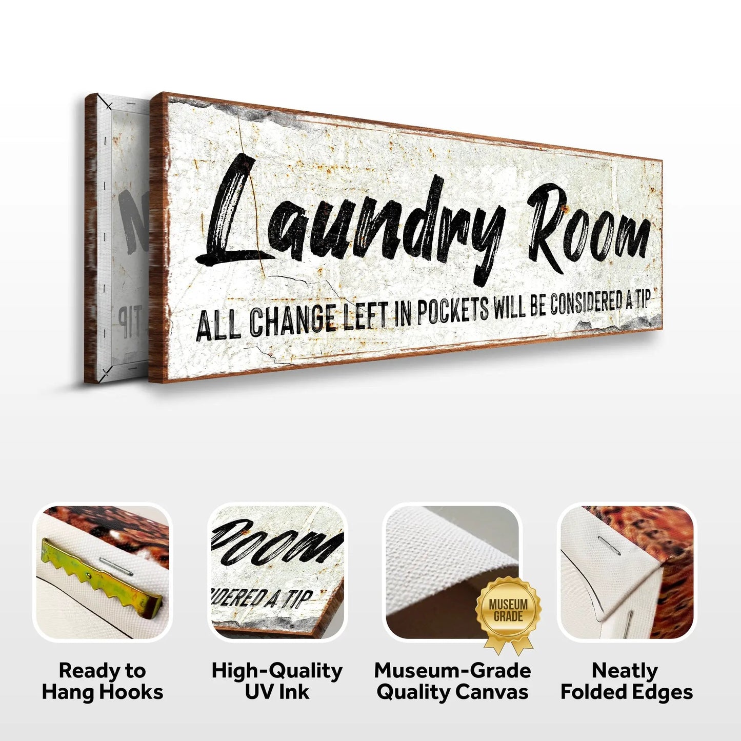 Laundry Room Sign II canvas by Tailored Canvases featuring a weathered white surface, bold black script, rustic wood frame on Tampa Home & Garden Store