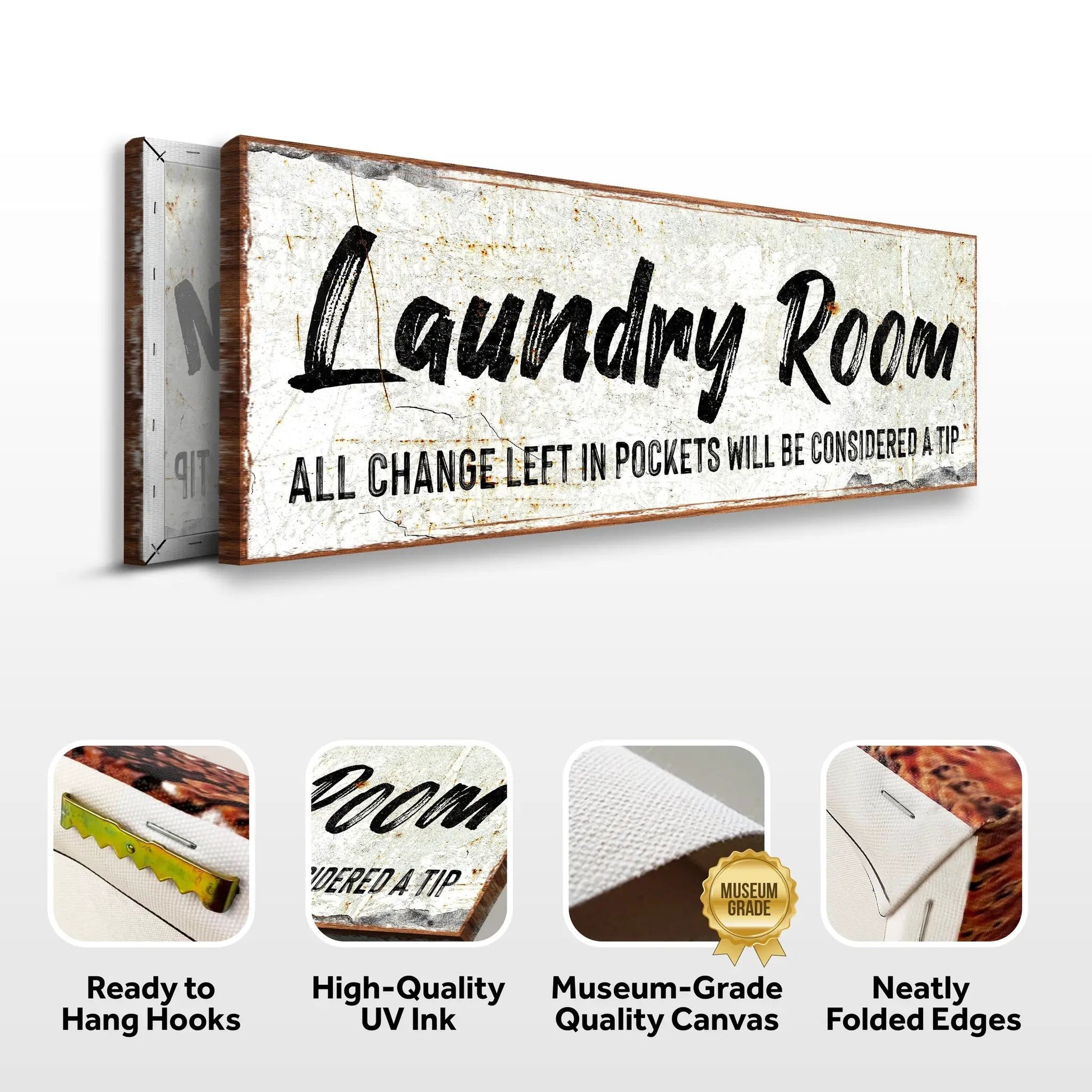 Laundry Room Sign II canvas by Tailored Canvases featuring a weathered white surface, bold black script, rustic wood frame on Tampa Home & Garden Store