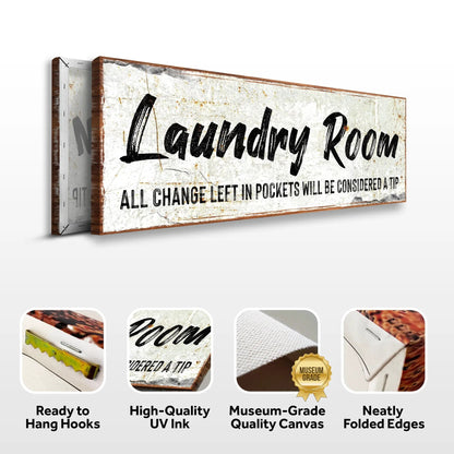 Laundry Room Sign II canvas by Tailored Canvases featuring a weathered white surface, bold black script, rustic wood frame on Tampa Home & Garden Store