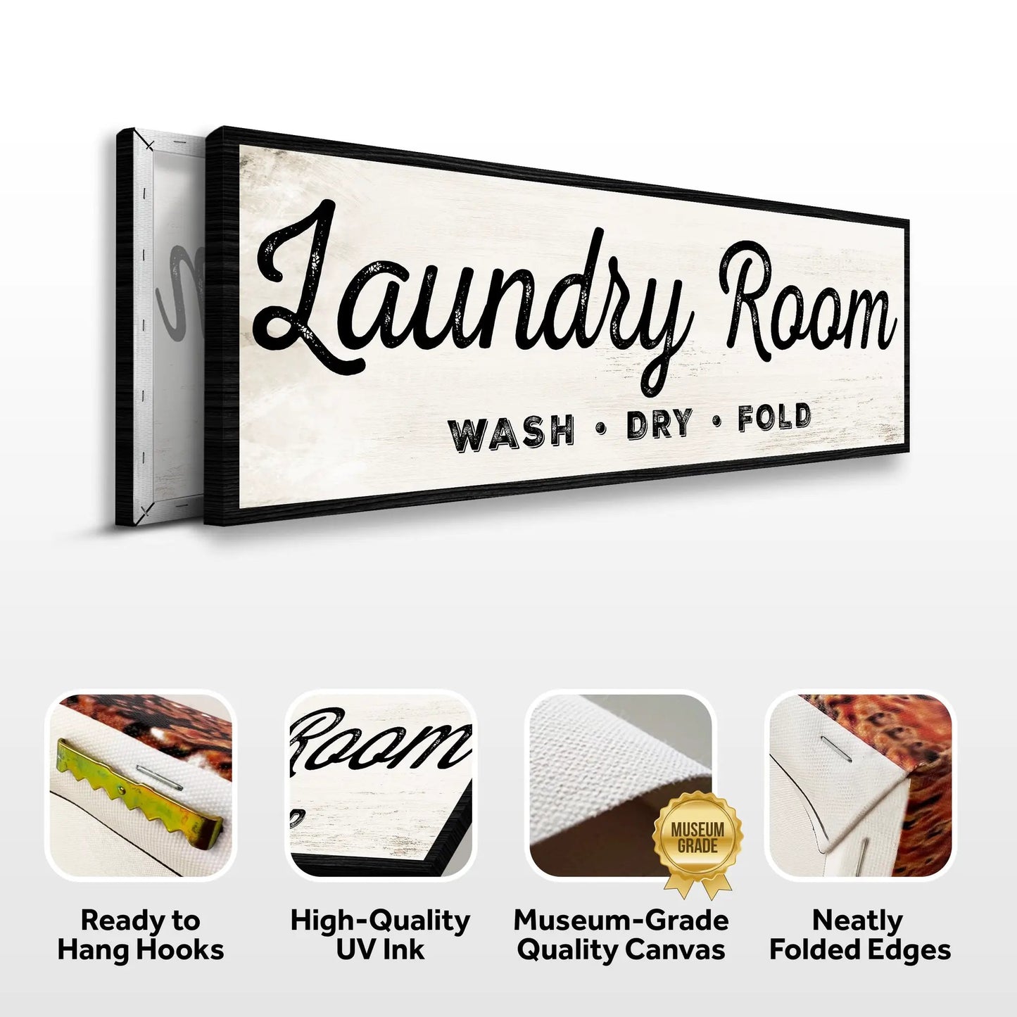 Laundry Room Sign canvas with white distressed background and black frame by Tailored Canvases on Tampa Home & Garden Store