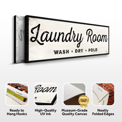 Laundry Room Sign canvas with white distressed background and black frame by Tailored Canvases on Tampa Home & Garden Store