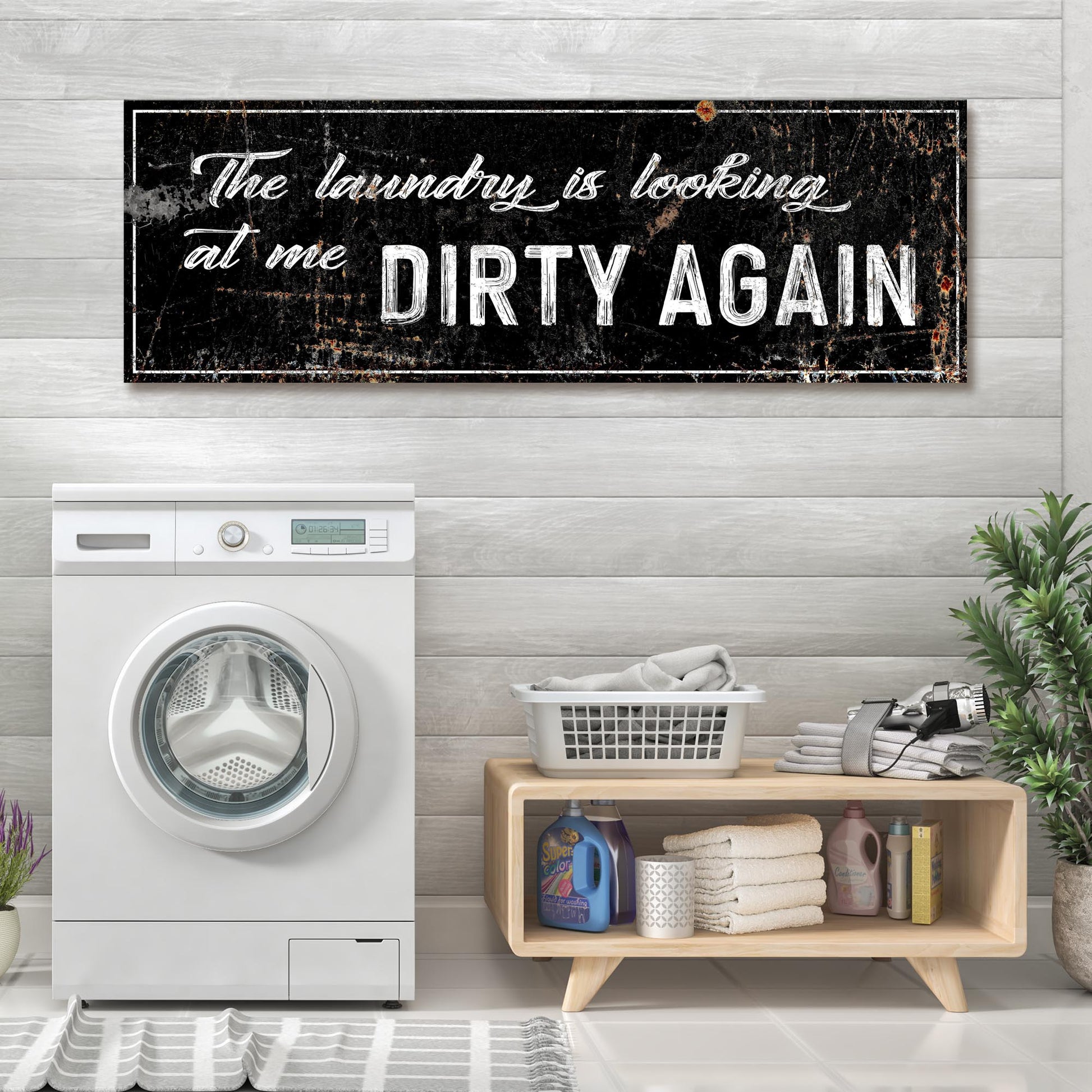 Dirty Laundry sign canvas wall art with distressed black background and white text DIRTY AGAIN on Tampa Home & Garden Store