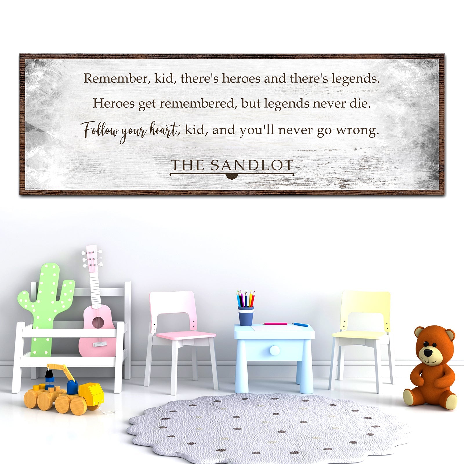 The Sandlot Sign II canvas with distressed white background and wood frame Tailored Canvases on Tampa Home & Garden Store