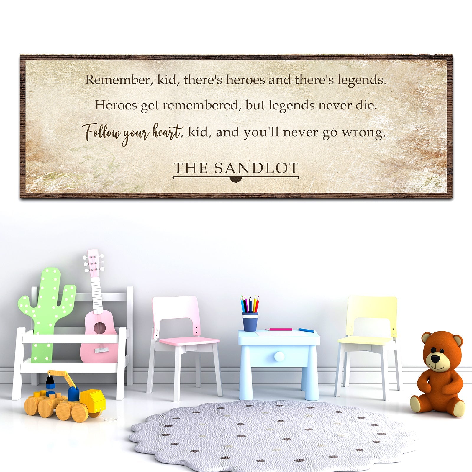 The Sandlot Sign II canvas by Tailored Canvases, distressed beige sign with a brown frame on Tampa Home & Garden Store
