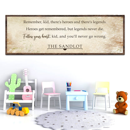 The Sandlot Sign II canvas by Tailored Canvases, distressed beige sign with a brown frame on Tampa Home & Garden Store