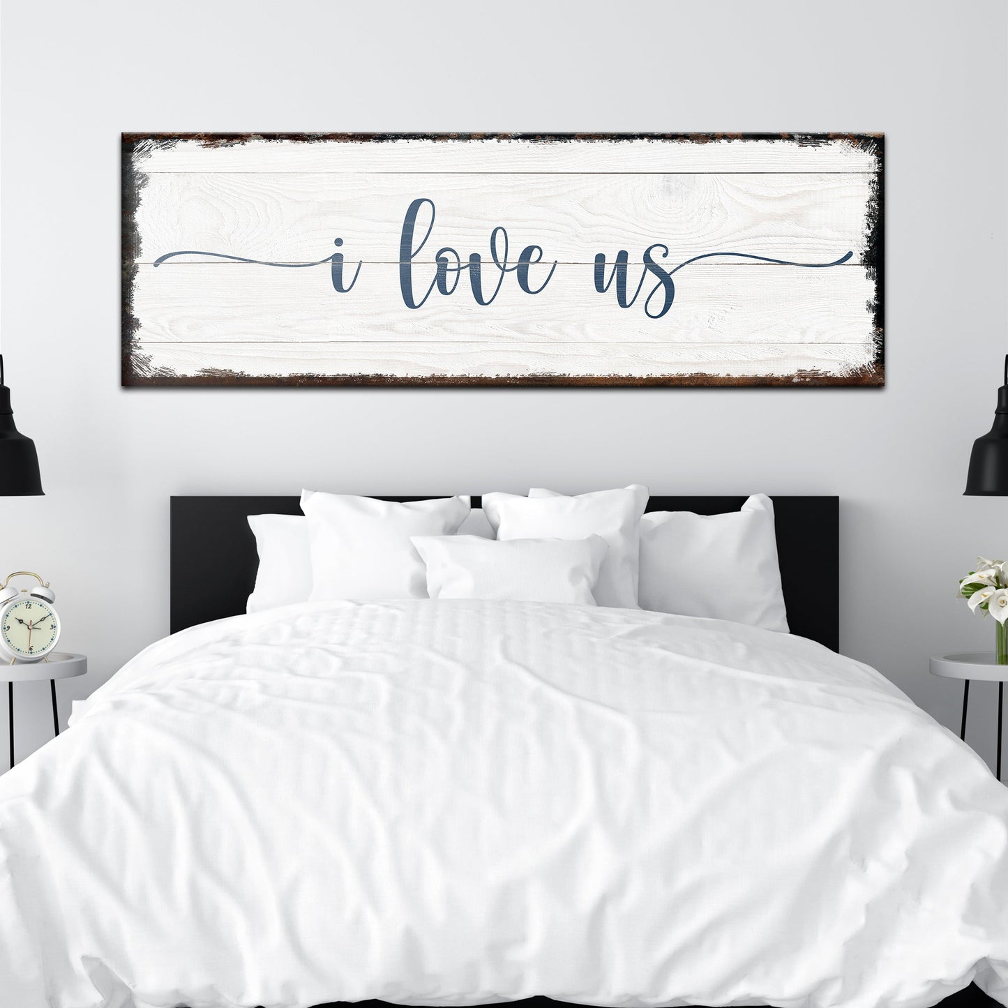 Canvas sign I Love Us by Tailored Canvases, whitewashed wood with blue script on Tampa Home & Garden Store