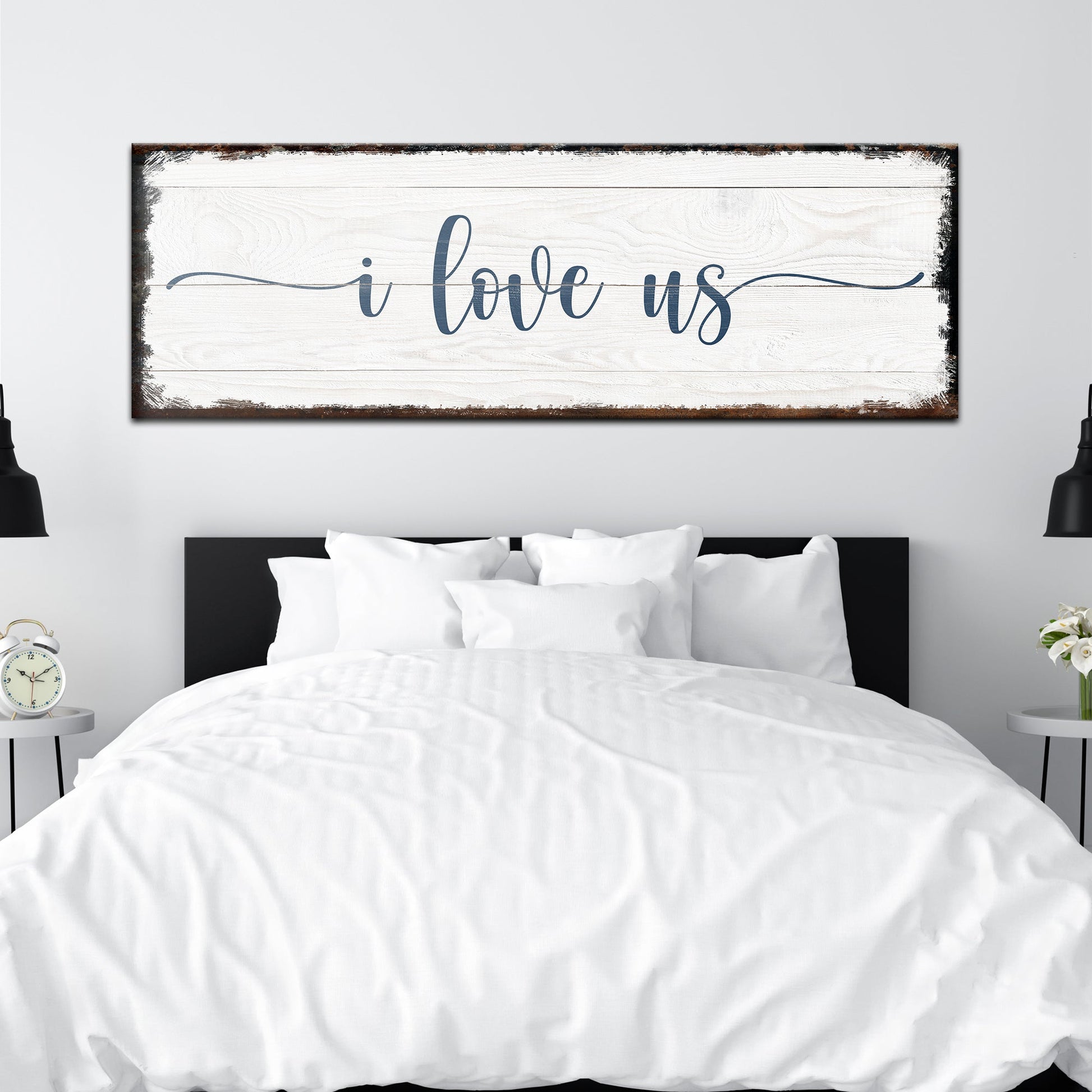 Canvas sign I Love Us by Tailored Canvases, whitewashed wood with blue script on Tampa Home & Garden Store