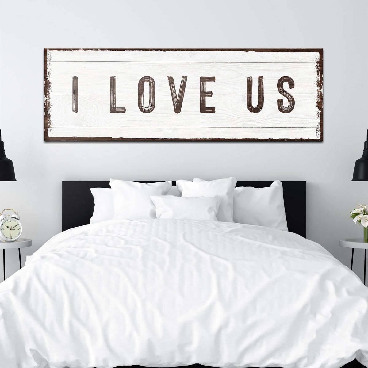 I Love Us sign canvas panel with white wood and distressed lettering Tailored Canvases on Tampa Home & Garden Store
