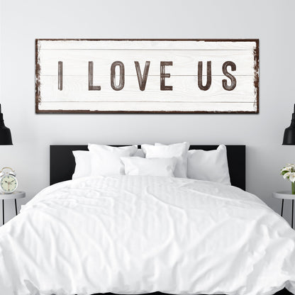 I Love Us sign canvas panel with white wood and distressed lettering Tailored Canvases on Tampa Home & Garden Store