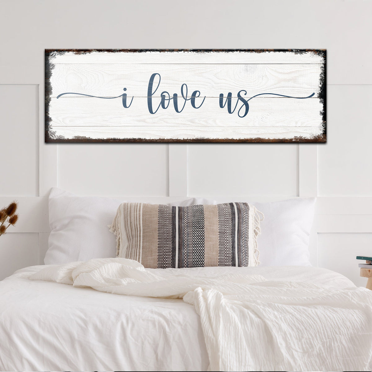 I Love Us Sign canvas wall art whitewashed wood plank texture blue script Tailored Canvases on Tampa Home & Garden Store