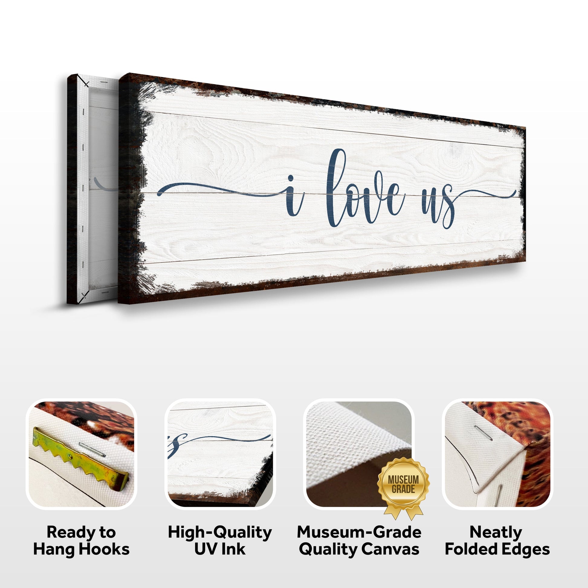 I Love Us Canvas Sign by Tailored Canvases; rustic white wood with blue script and dark edges on Tampa Home & Garden Store
