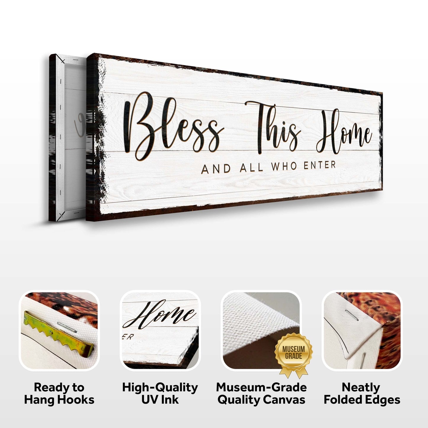 Bless This Home Sign canvas by Tailored Canvases, whitewashed wood plank with distressed edges on Tampa Home & Garden Store
