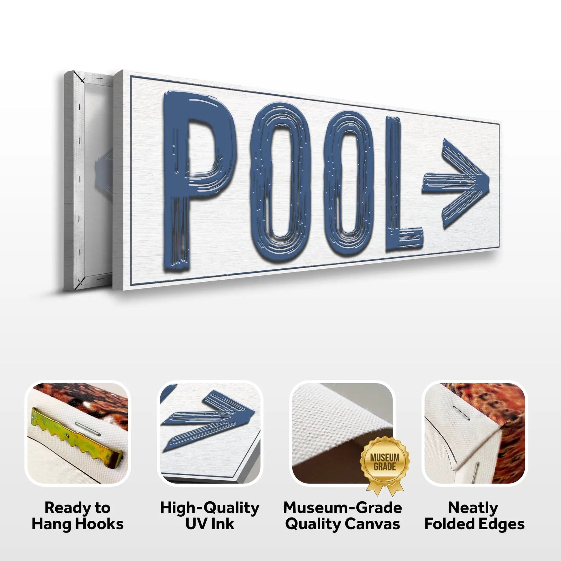 Pool Arrow Sign canvas by Tailored Canvases with blue 3D letters and arrow on white wood on Tampa Home & Garden Store