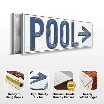 Pool Arrow Sign canvas by Tailored Canvases with blue 3D letters and arrow on white wood on Tampa Home & Garden Store