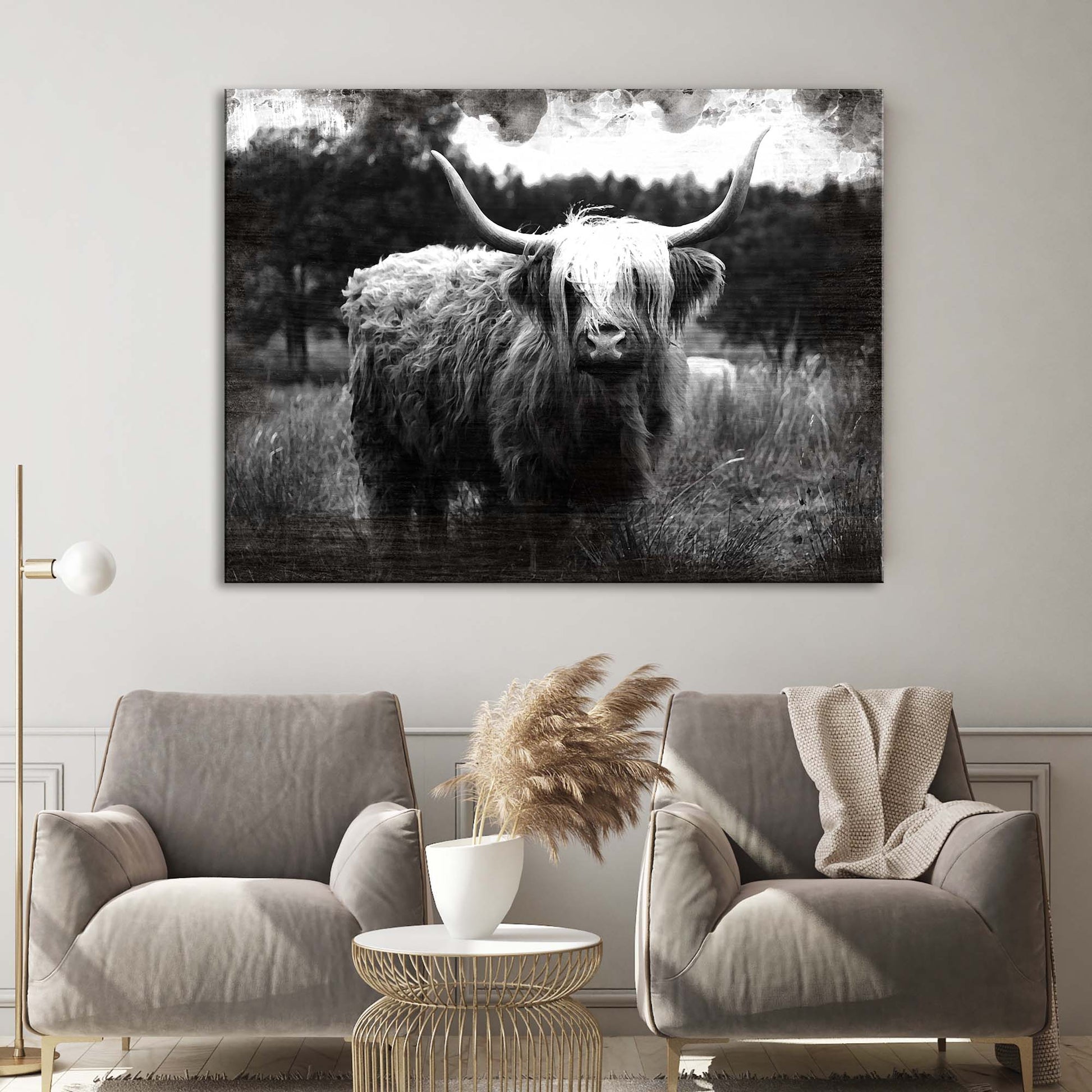 Highland Cattle monochrome canvas wall art by Tailored Canvases, black and white on Tampa Home & Garden Store