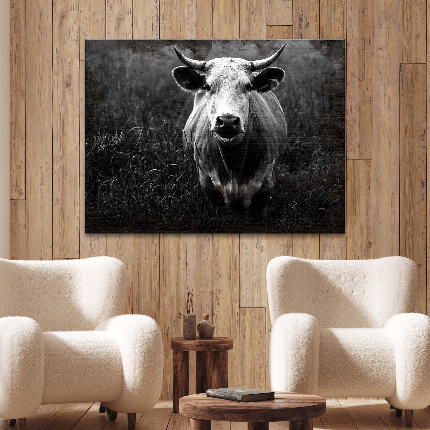 Longhorn cattle portrait canvas wall art, black and white, Tailored Canvases on Tampa Home & Garden Store