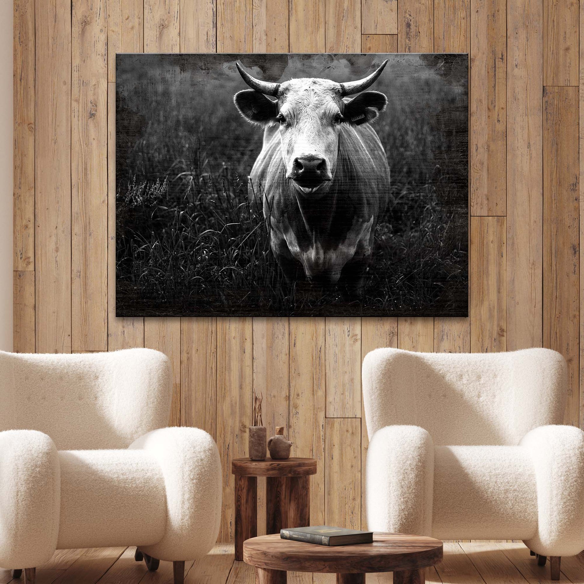 Longhorn cattle portrait canvas wall art, black and white, Tailored Canvases on Tampa Home & Garden Store